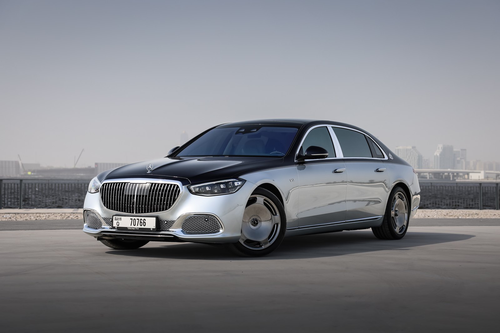 Mercedes-Maybach S680 black and silver two-tone front three-quarter view