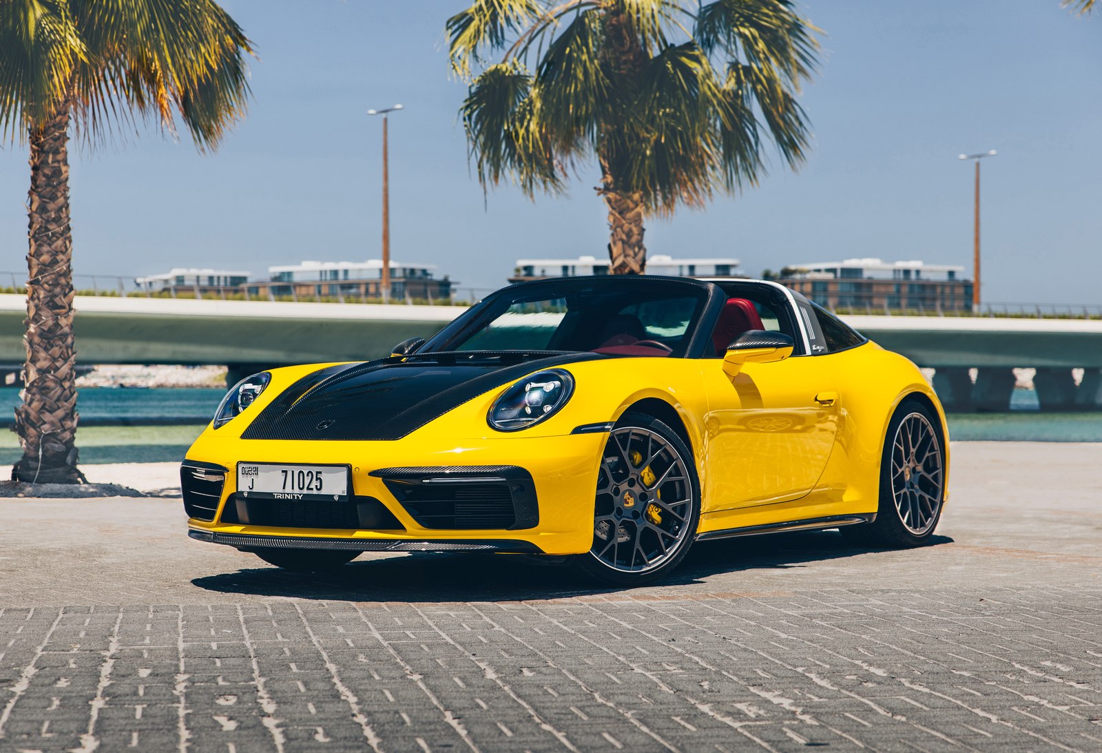 Porsche Targa 4 yellow front three-quarter view